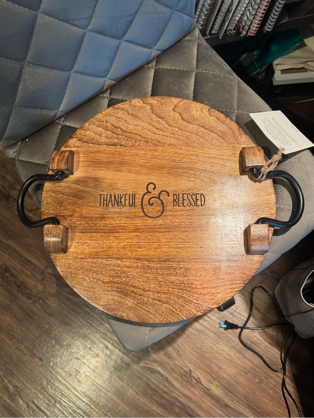 Thirty-one brand Thankful & Blessed Round Wood Serving Board with Black Handles